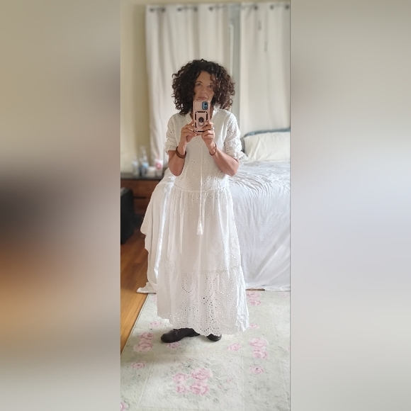 White Boho Summer Dress Lace Eyelet Puff Sleeve Ruffle Neck Tassel Tie S - Picture 2 of 7